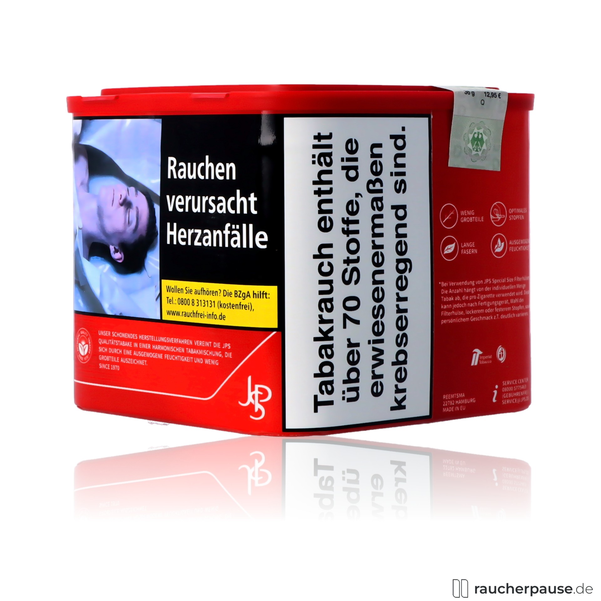 jps red xl volumentabak 38g dose american blend ohne zusatzstoffe , packshot hinterseite