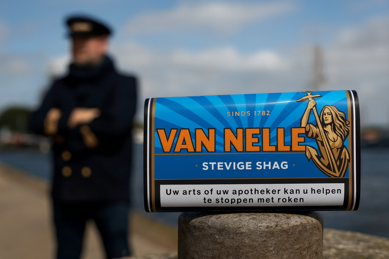 Van Nelle Tabak Pouch am Hafen mit einem Kapitän im Hintergrund