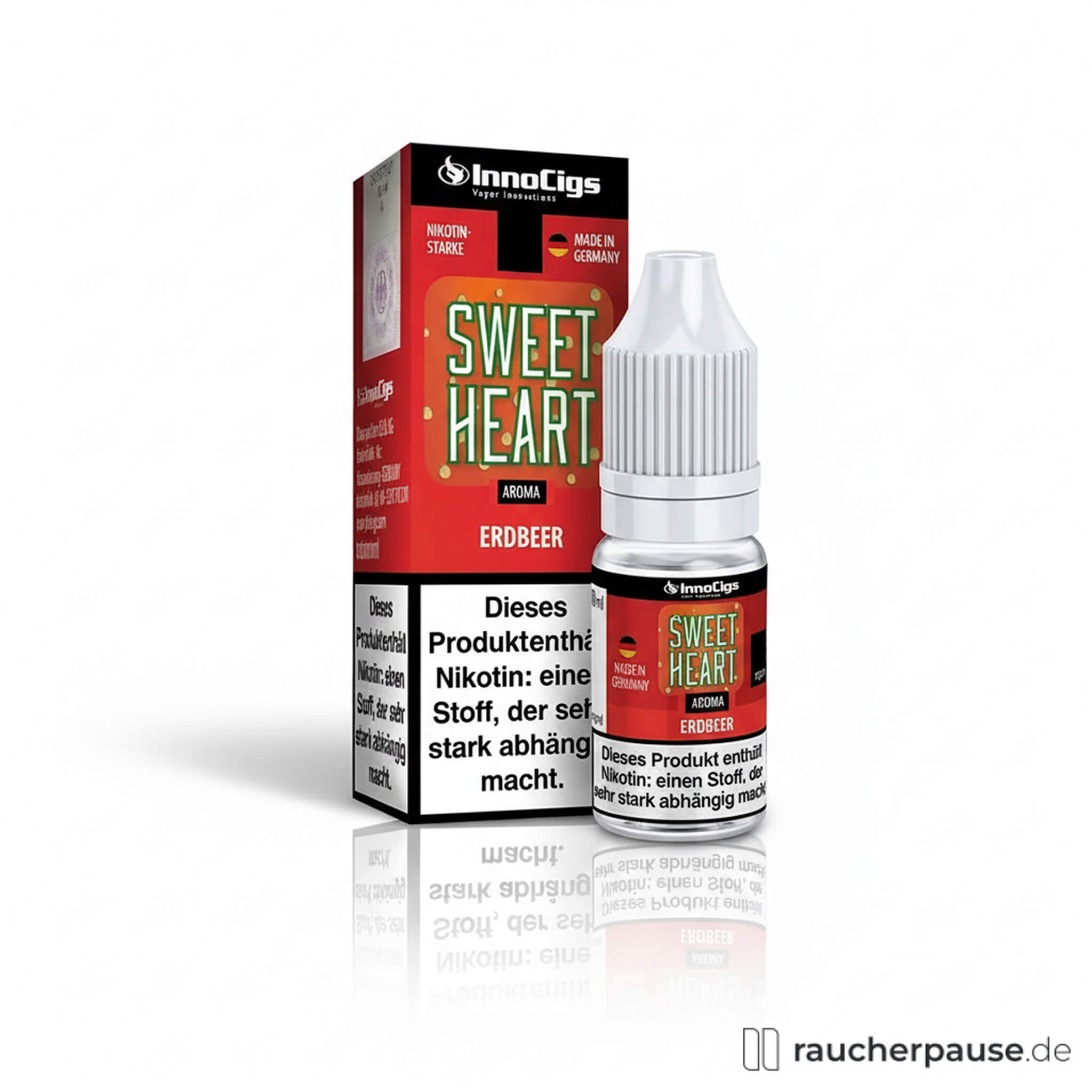 InnoCigs Sweetheart E-Liquid Erdbeere in 10ml Flasche mit 0mg Nikotin, Top-Filling Liquid und rosa Etikett auf weißem Hintergrund.