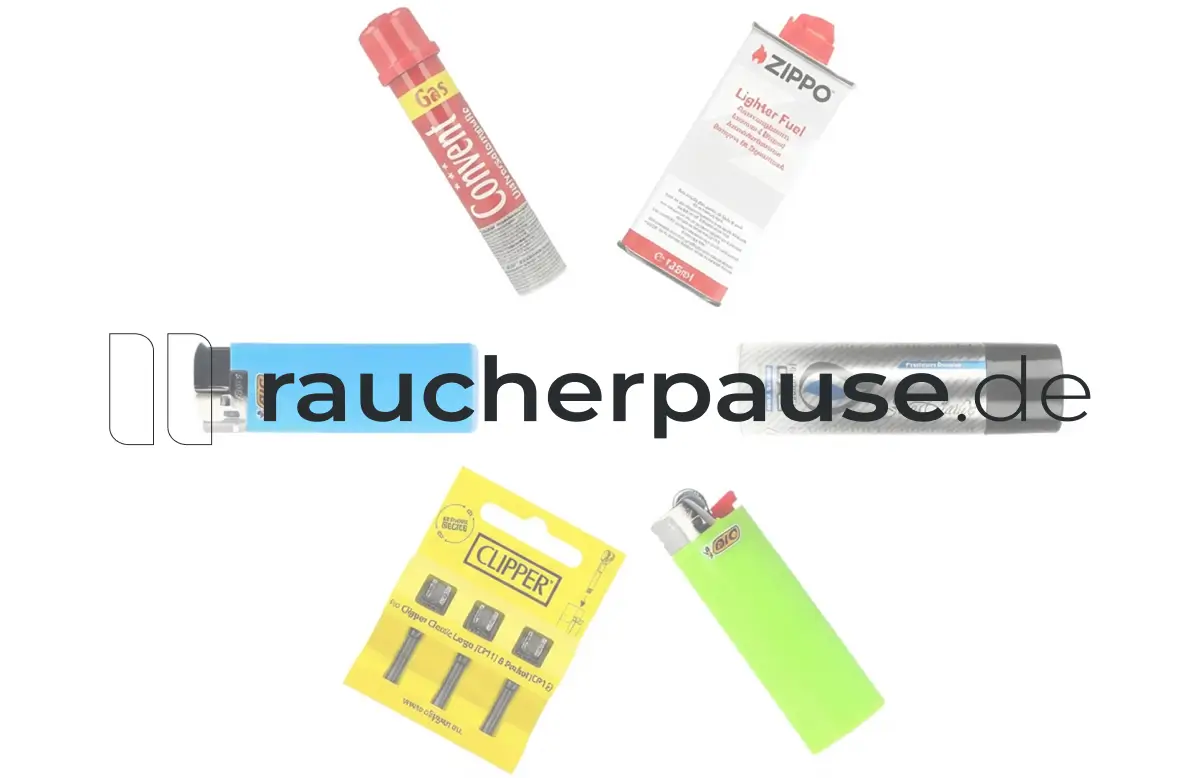 Verschiedenste Feuerzeuge und Zubehör angeordnet auf einem weißen Hintergrund in einer Kreisform