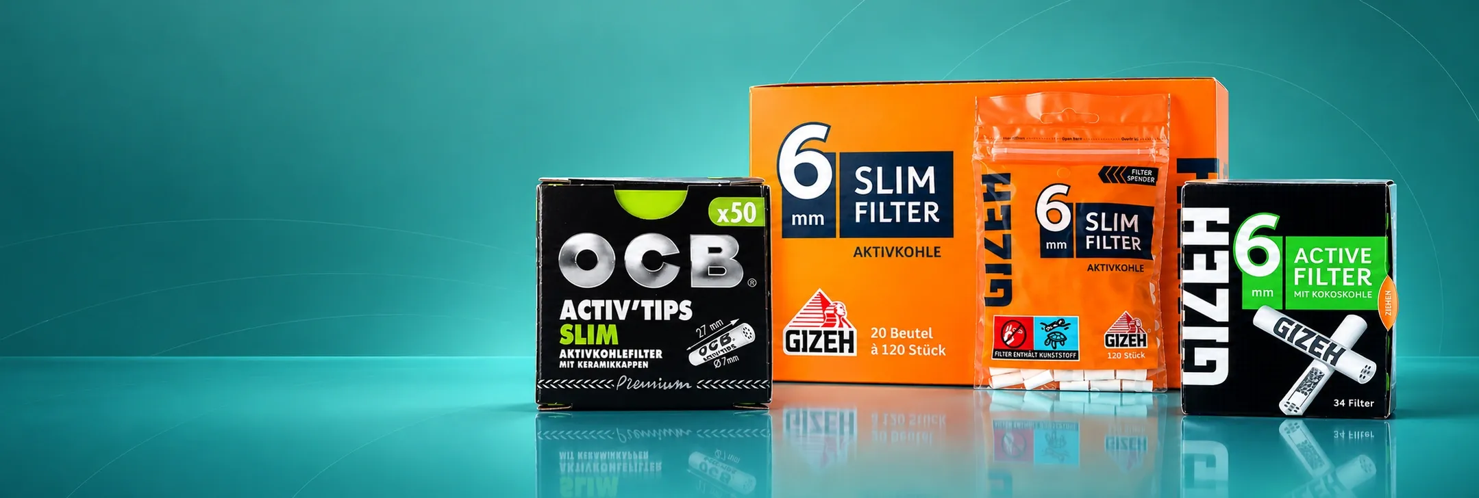 OCB Activ'Tips Slim und GIZEH 6-mm-Aktivkohlefilter auf türkisem Hintergrund