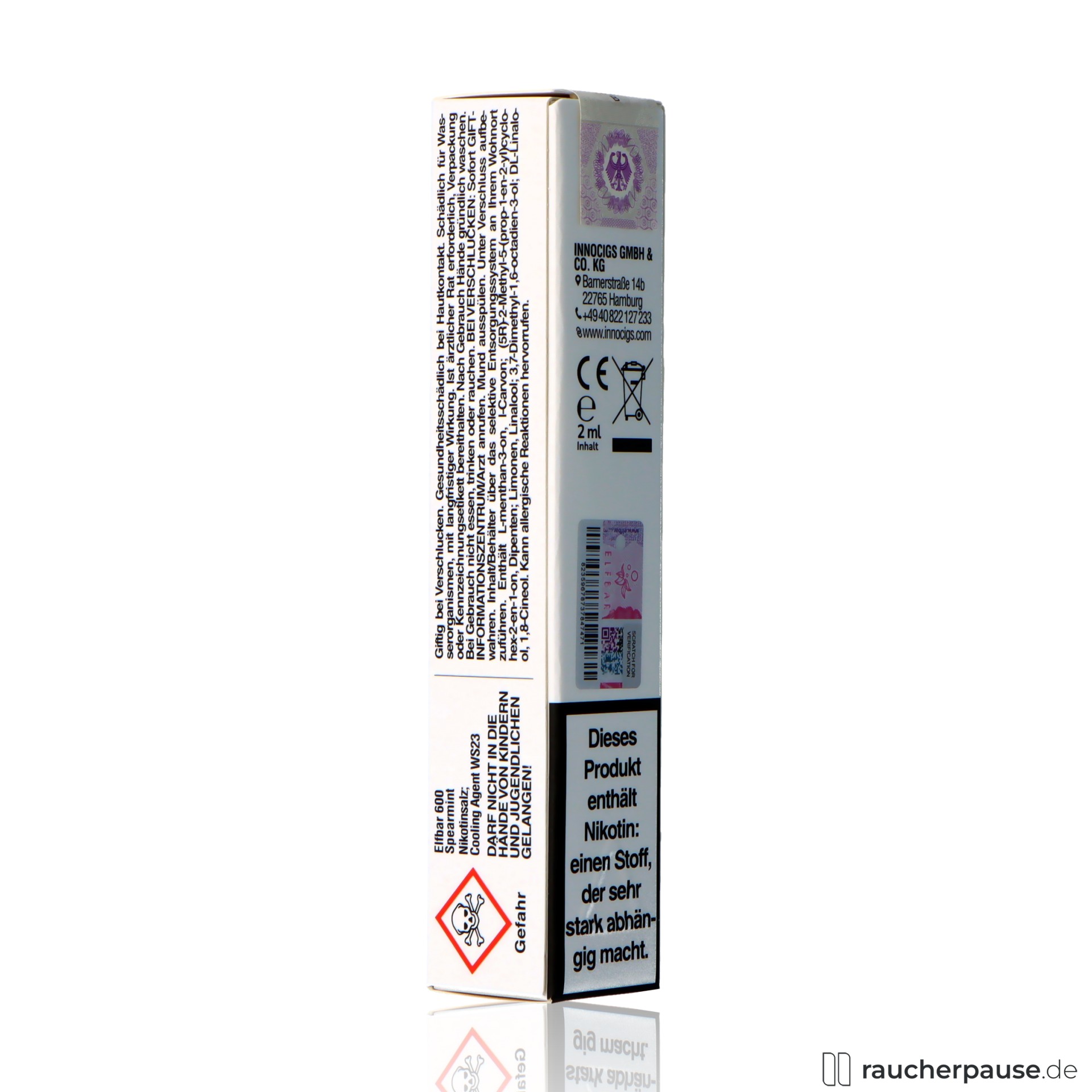 elfbar, elfbar e shisha grape ml nikotin einweg e zigarette spearmint, packshot seitlich