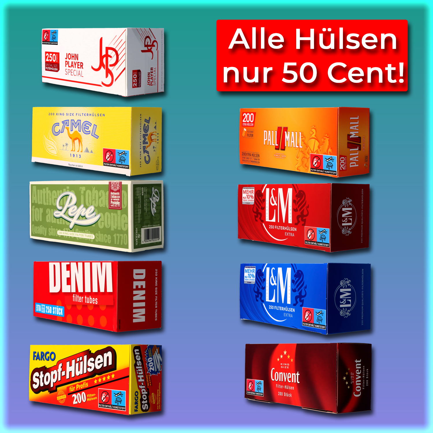 Aktionsbanner mit Produktbildern von einigen Marken von Filterhülsen