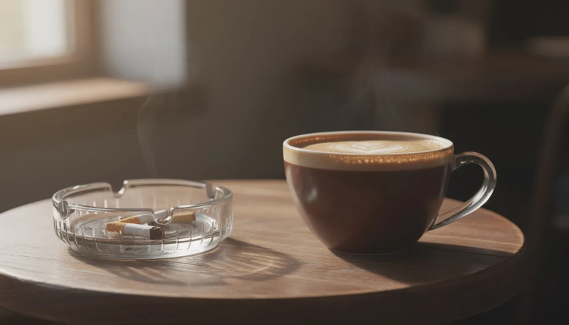 Eine Kaffee Tasse auf einem Holztisch daneben ein Aschenbecher mit einer Ducal Zigarette drin