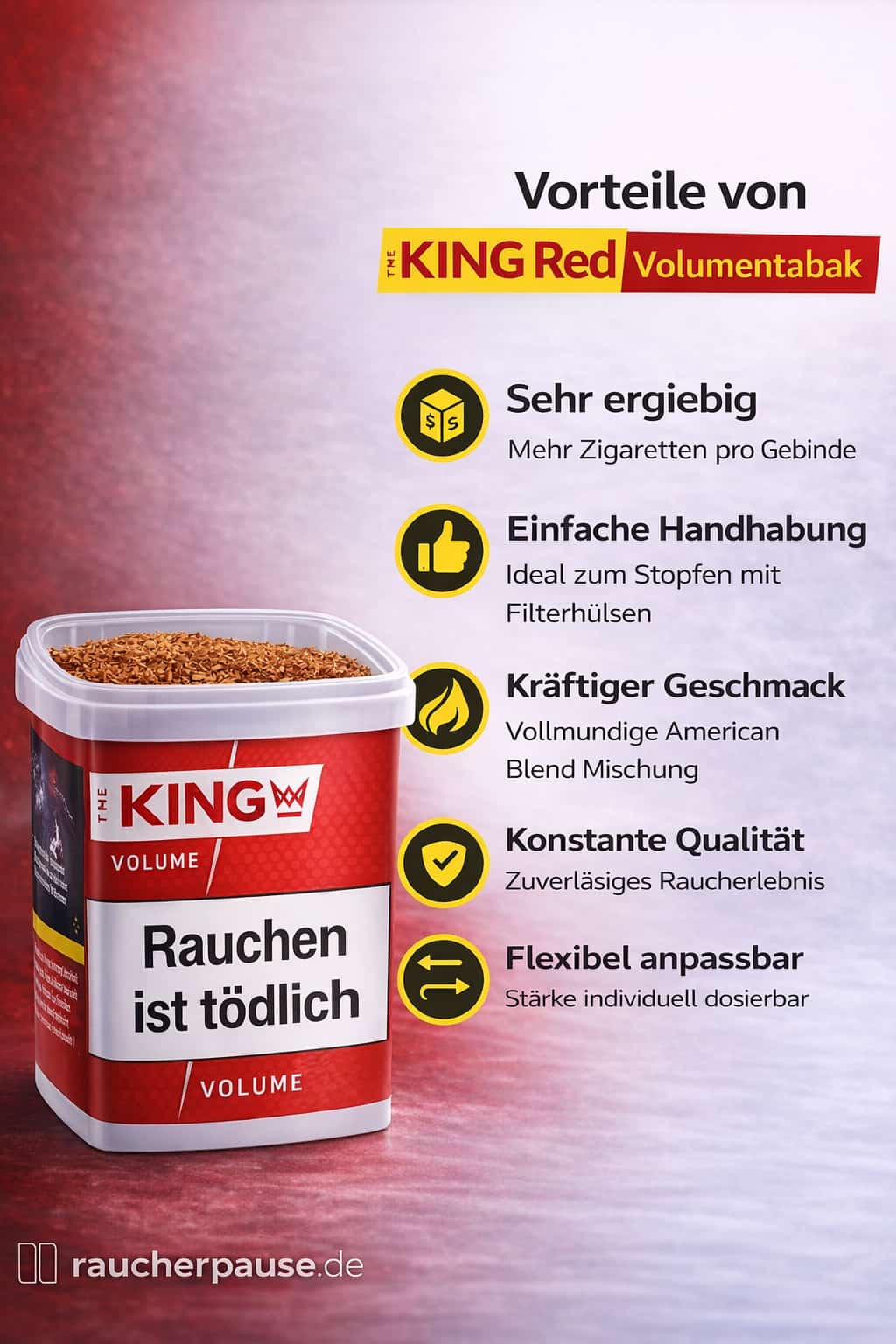 KING Red Volumentabak Dose – ergiebig, einfach zu stopfen und kräftiger Geschmack