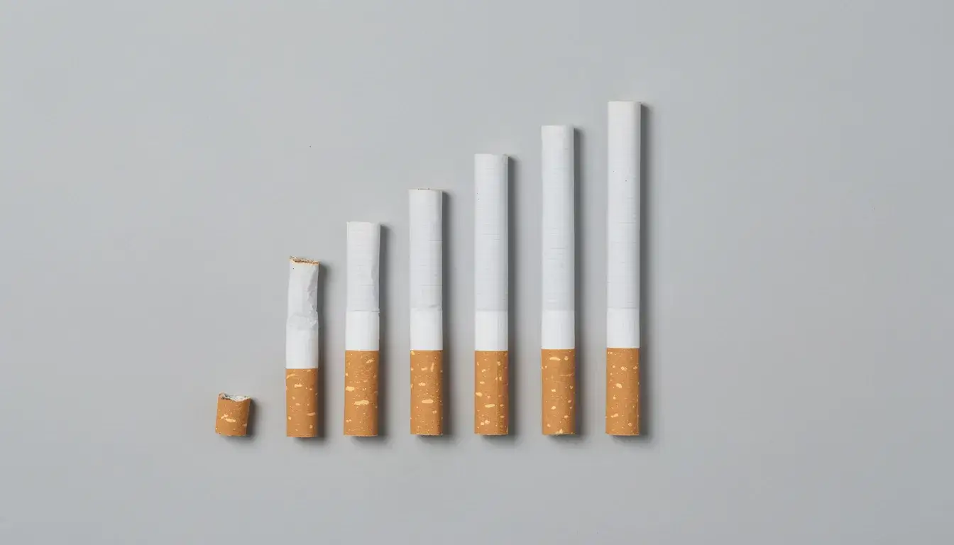 Unterschiedliche Längen von Zigaretten nebeneinander aufgereiht vor einem grauen Hintergrund