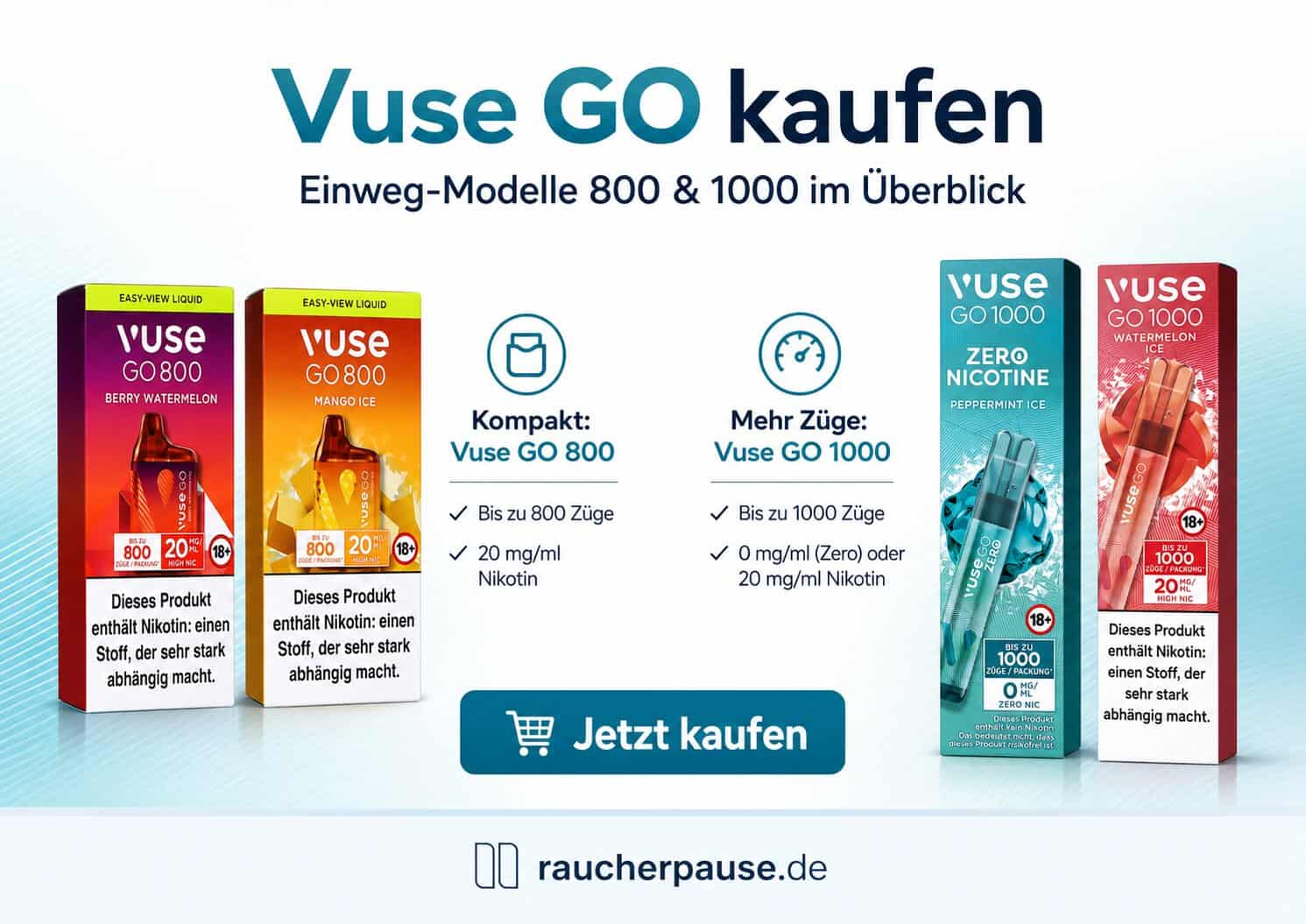 Vuse GO kaufen – Vuse GO 800 und Vuse GO 1000 Einweg Modelle mit und ohne Nikotin im Vergleich
