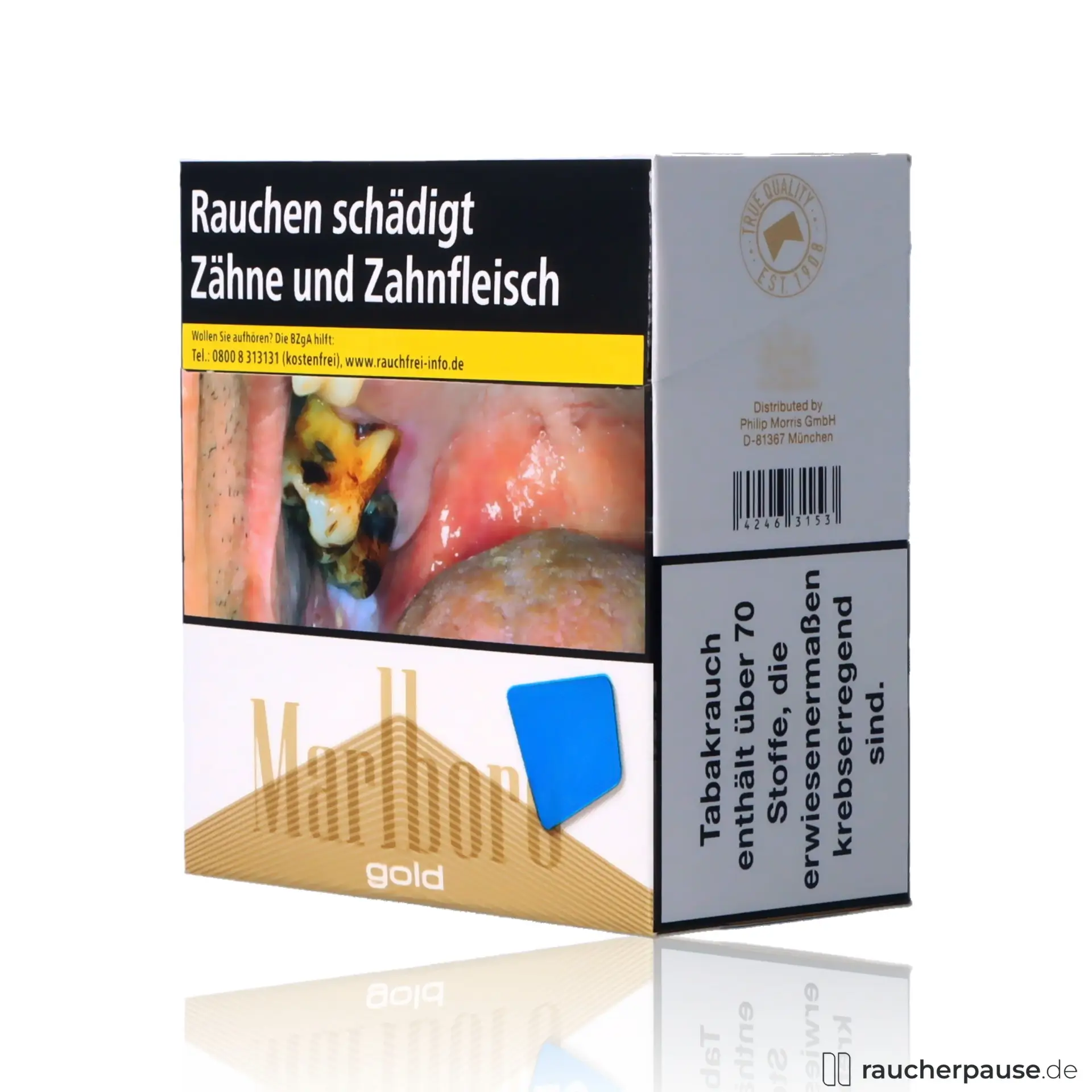 Marlboro Gold 7XL-Box Zigaretten mit 54 Stück pro Packung und reduziertem Nikotingehalt in einer weißen Schachtel mit goldfarbenem Logo.