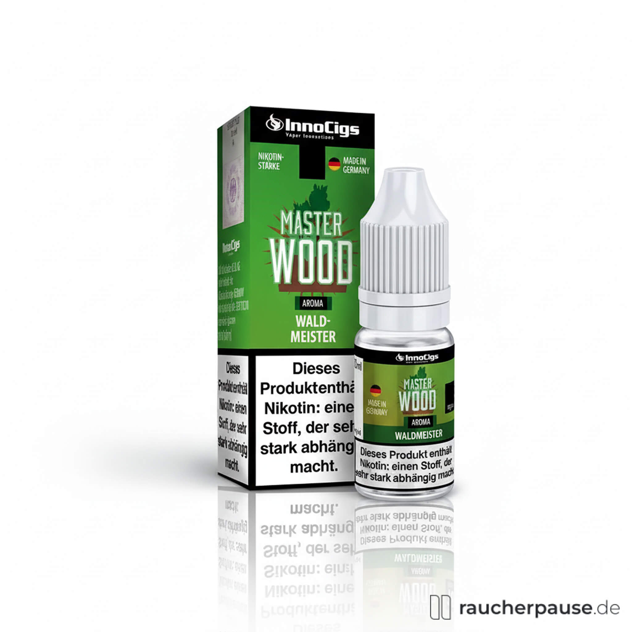 InnoCigs Master Wood E-Liquid Waldmeister in 10ml Flasche mit transparentem Glas und grünem Etikett, 0mg Nikotin für E-Zigaretten.