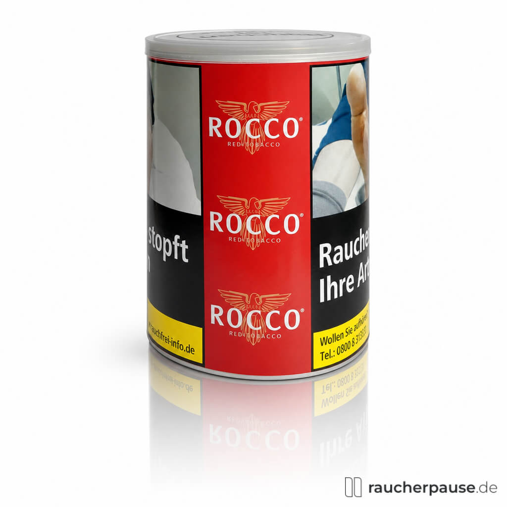 Rocco Red in 130g Dose mit silbernem Deckel und weißem ROCCO-Logo samt Adler-Design auf roter Verpackung.