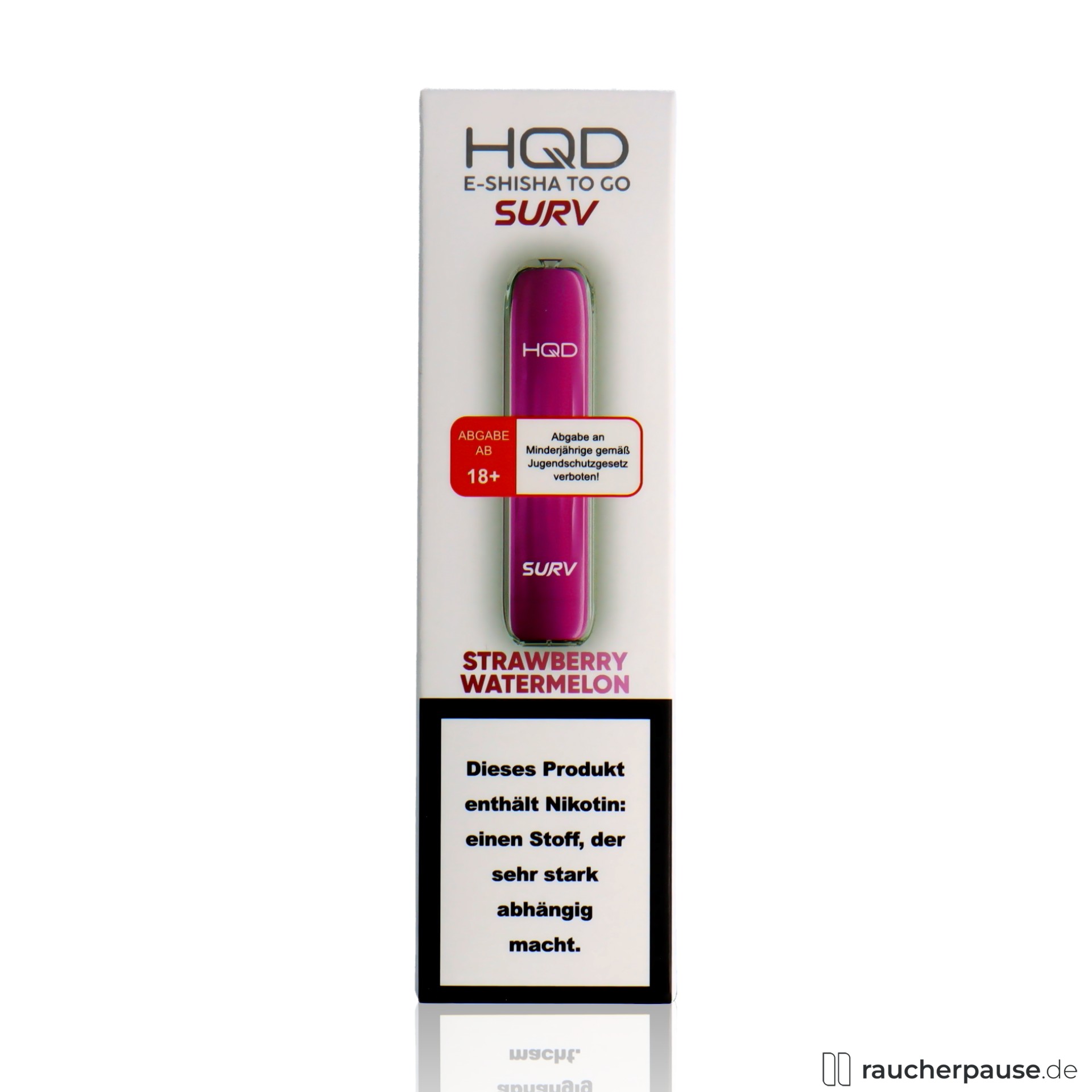 HQD Surv Einweg E-Shisha | Strawberry Watermelon | 18 mg/ml Nikotin | 600 Züge hqd, hqd surv einweg e shisha strawberry watermelon ml nikotin zuege , packshot hinterseite