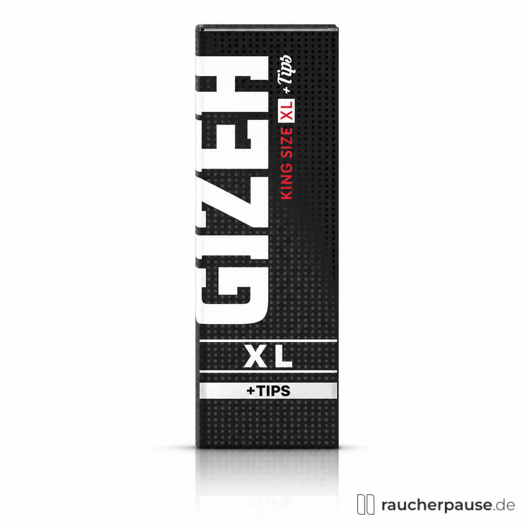 Gizeh Black King Size XL Zigarettenpapier mit Tips in einer schwarzen Box mit weißen und roten Details und großem weißen Logo auf schwarzem Hintergrund.