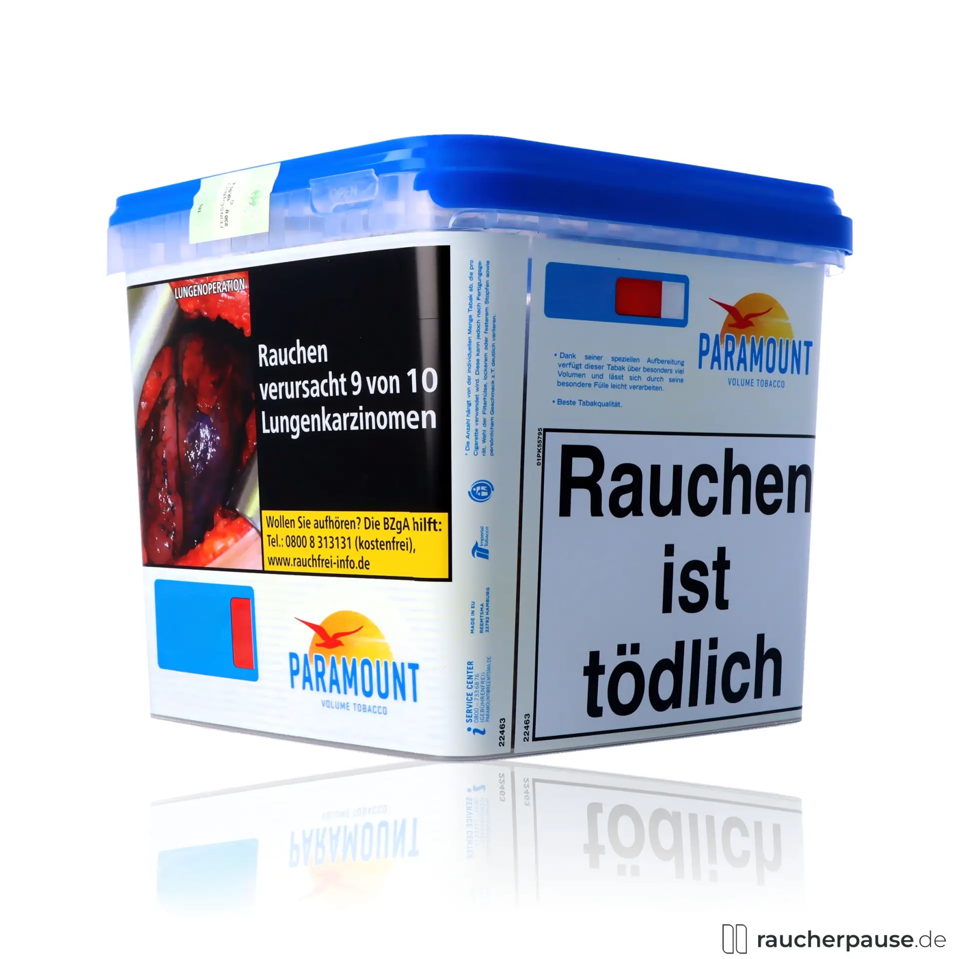 Paramount Tabak Blau Volumentabak 220g Giga Box American Blend in weißer Dose mit blauem Rand und quadratischer Form, PARAMOUNT-Logo in blau und gelb auf der Vorderseite.