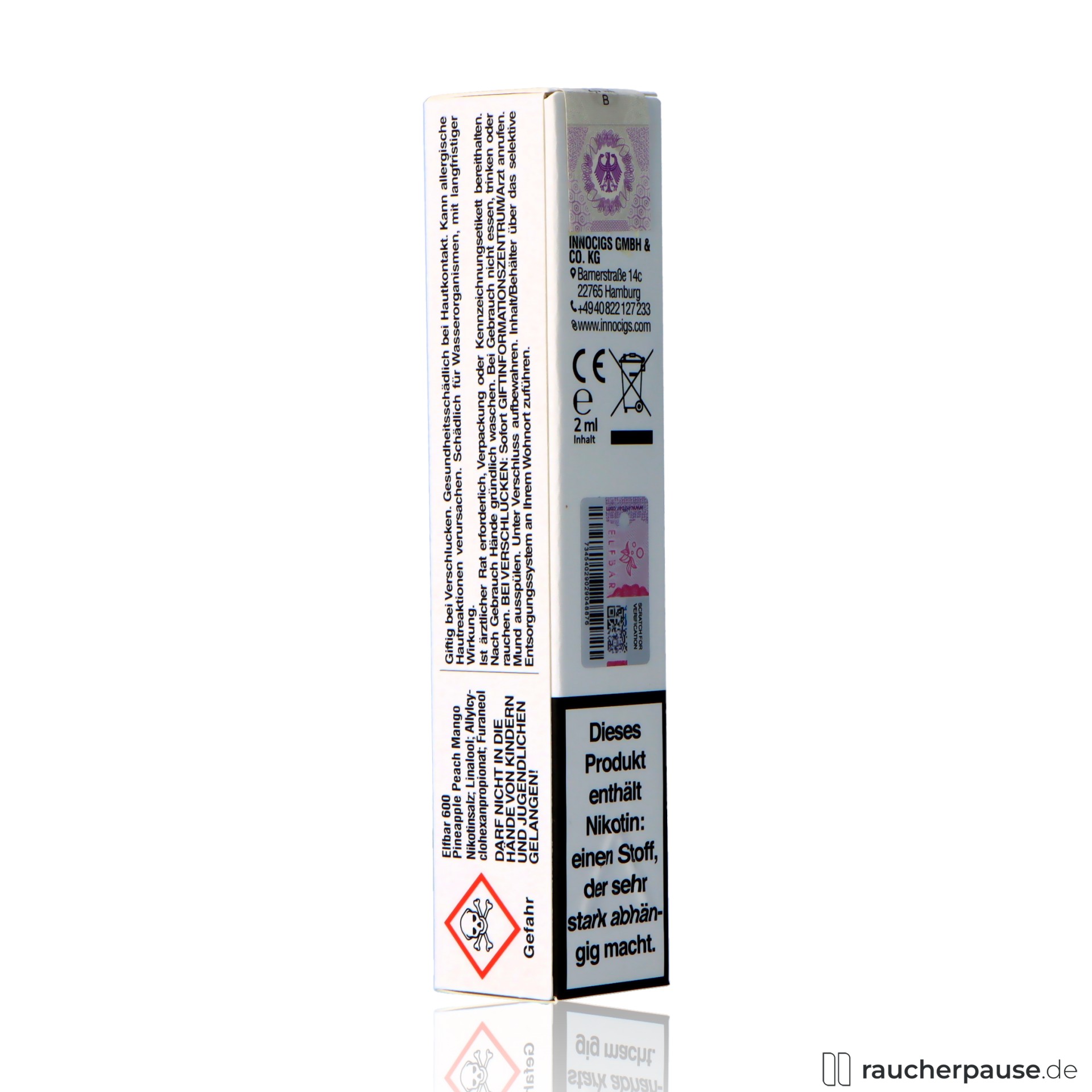 elfbar, elfbar e shisha grape ml nikotin einweg e zigarette pineapple peach , packshot seitlich