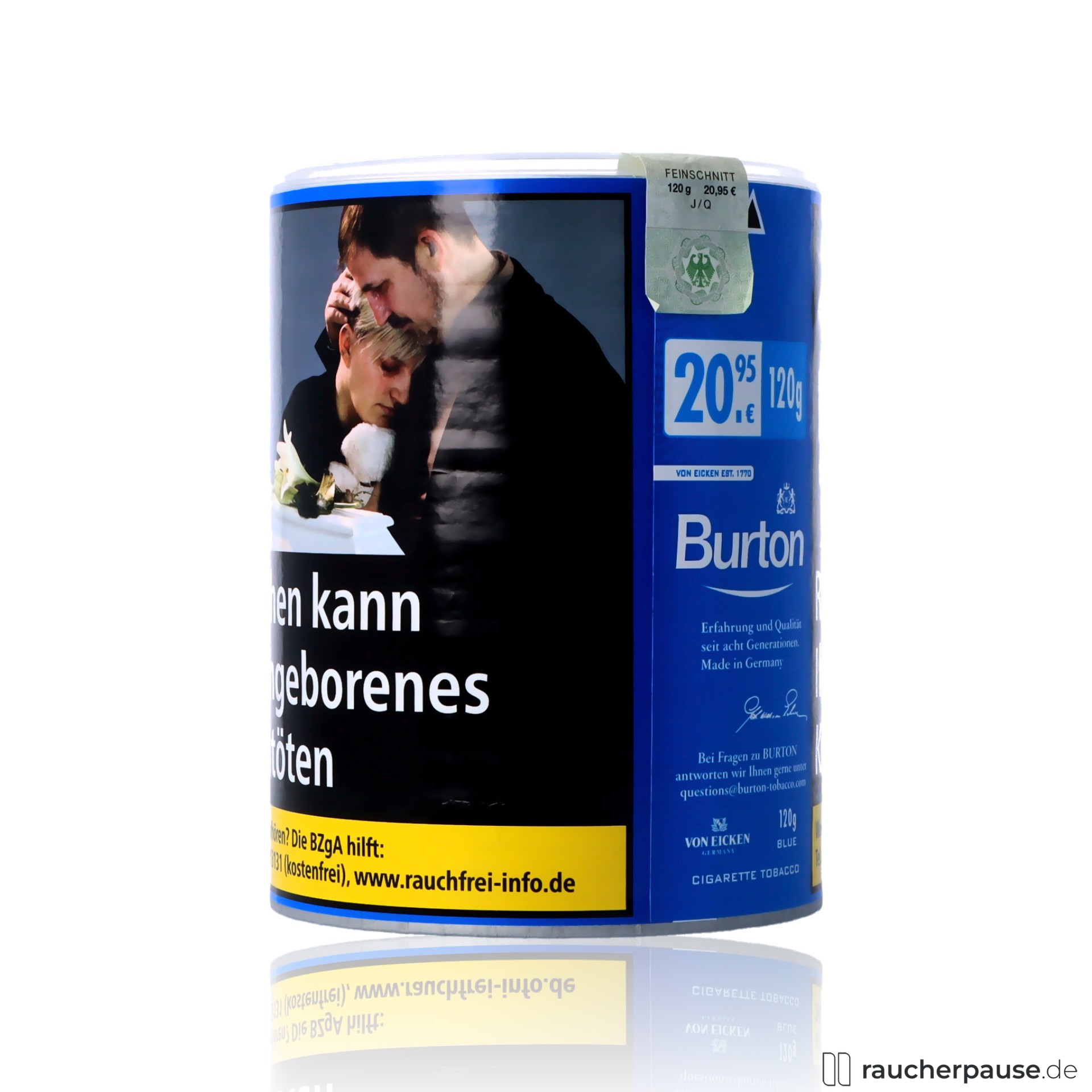 burton blue feinschnitt tabak dose american blend aroma , packshot hinterseite
