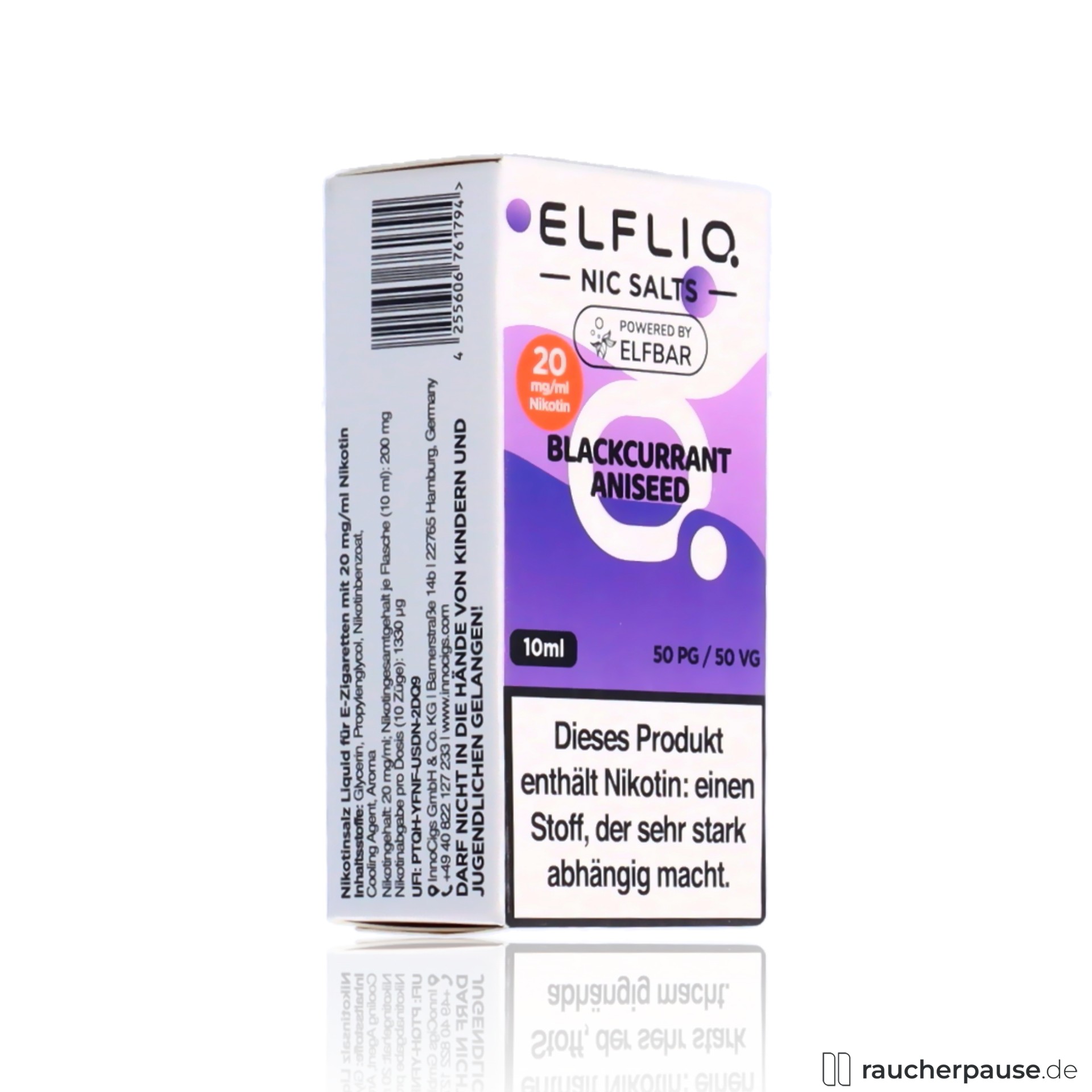 ELFBAR ELFLIQ Blackcurrant Aniseed 20mg Nikotinsalz 10ml Liquid in weiß-lila Dose mit stilisiertem Punkt-Logo auf lila Hintergrund.