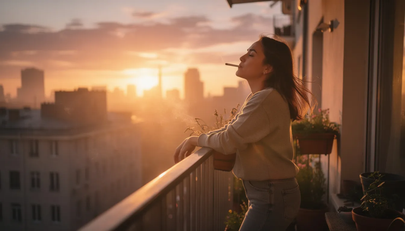 Eine Frau auf einer Dachterrasse im Sonnenuntergang, die eine Magnum Zigarette raucht