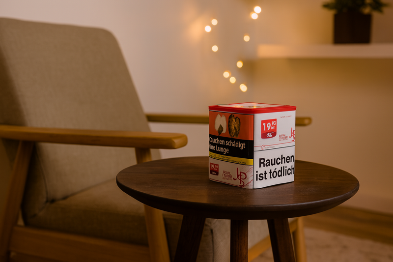 John Player Special Tabak Dose Red auf einem Beistelltisch, neben einem Sessel