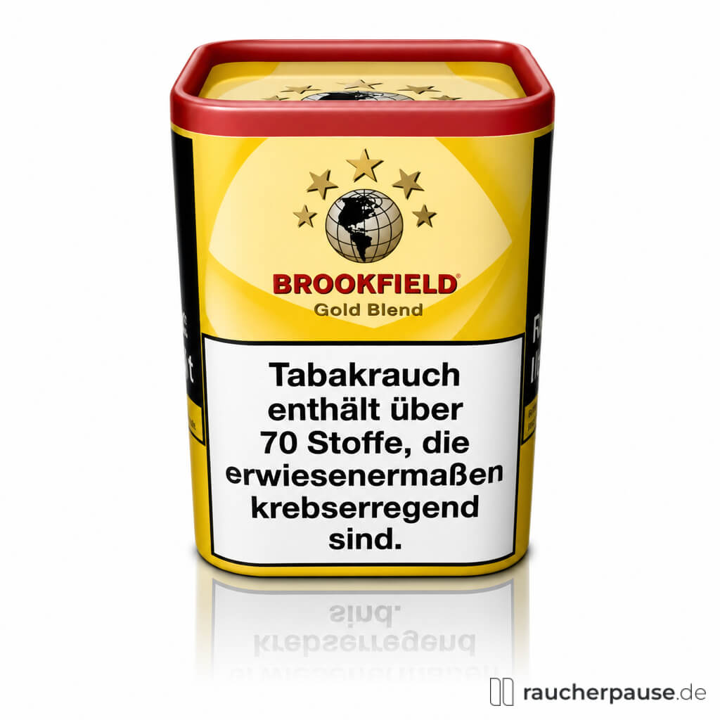 Brookfield Gold Blend in quadratischer gelber Dose mit rotem Deckel und modernem Logo mit Globus und fünf Sternen, 120g Feinschnitt.