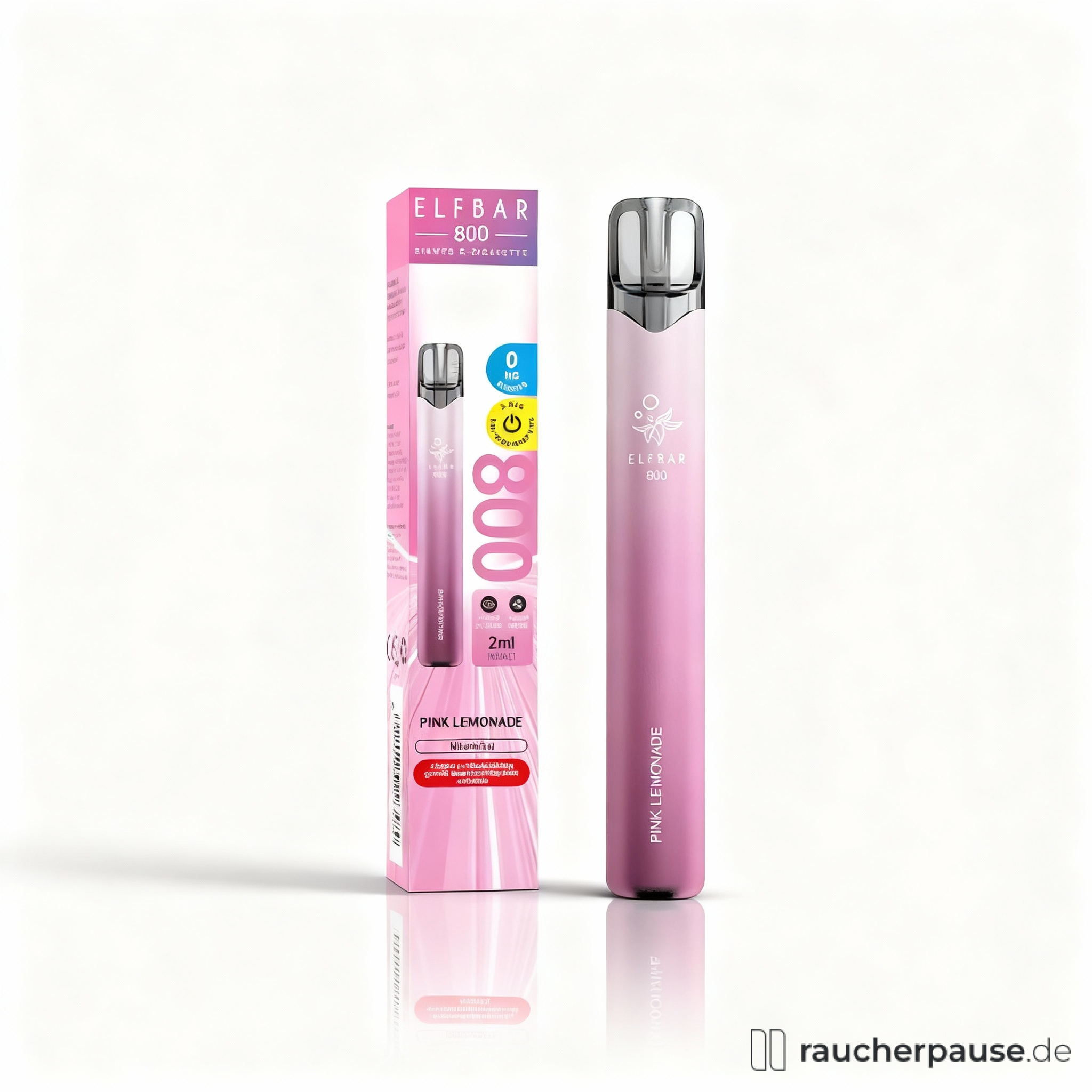 ELFBAR 800 Pink Lemonade Einweg-Vape in pastellrosa mit weißem Logo auf stylischer Verpackung in pinken und weißen Tönen.