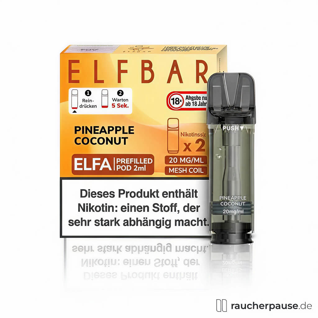 Elfbar ELFA Prefilled Pods Pineapple Coconut 2er-Pack in orangefarbener Box mit großem ELF BAR-Logo und zwei E-Zigarettenpod-Systemen.