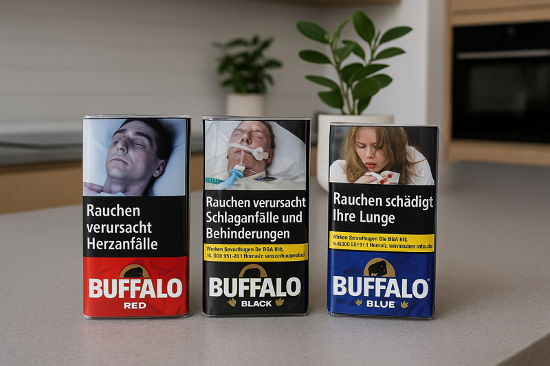 Alle 3 Buffalo Tabak Sorten: Red, Black, Blue auf einer Kücheninsel