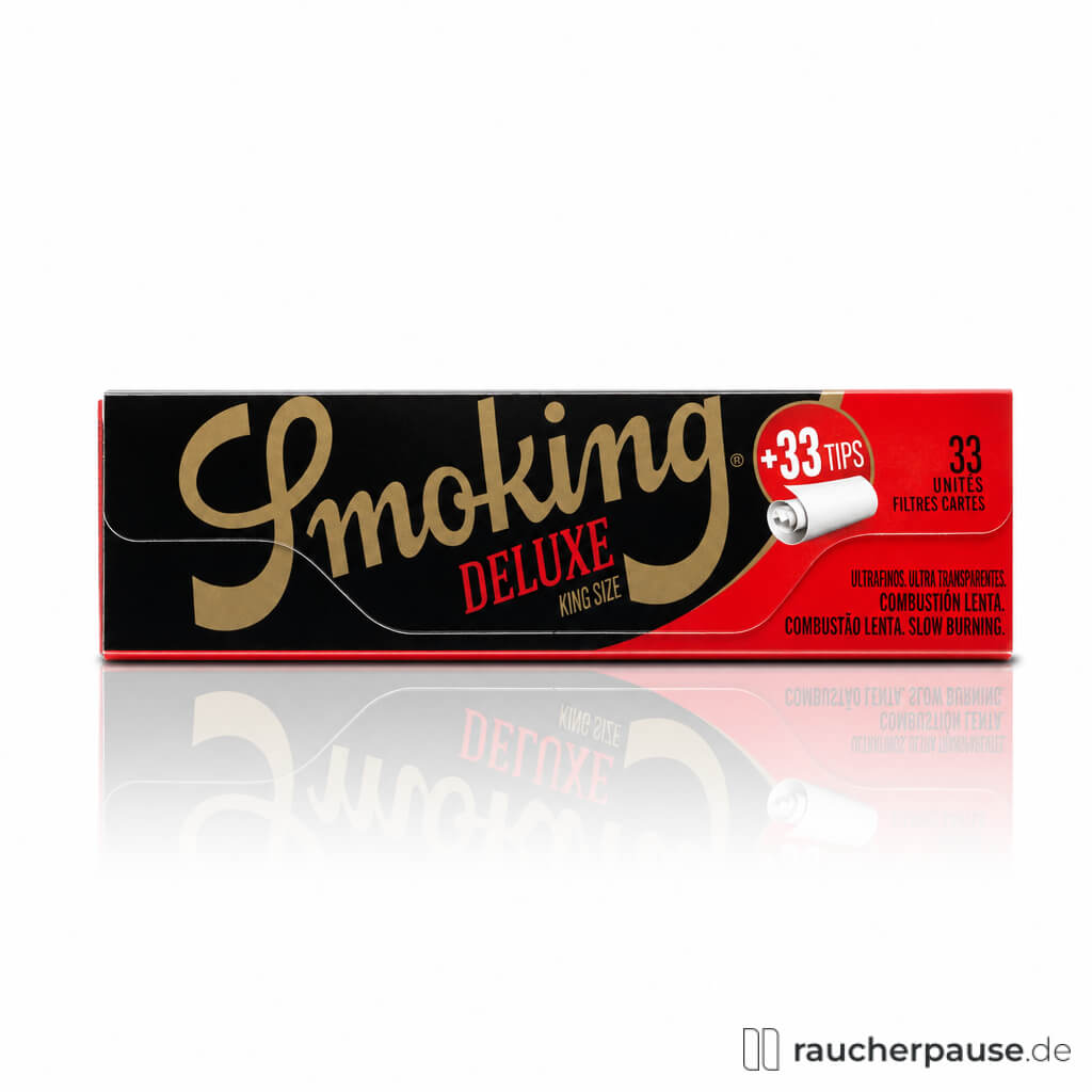 Smoking Deluxe King Size Zigarettenpapier mit Tips in einer schwarzen Box mit goldener Schrift und 33 enthaltenen Filtertips.