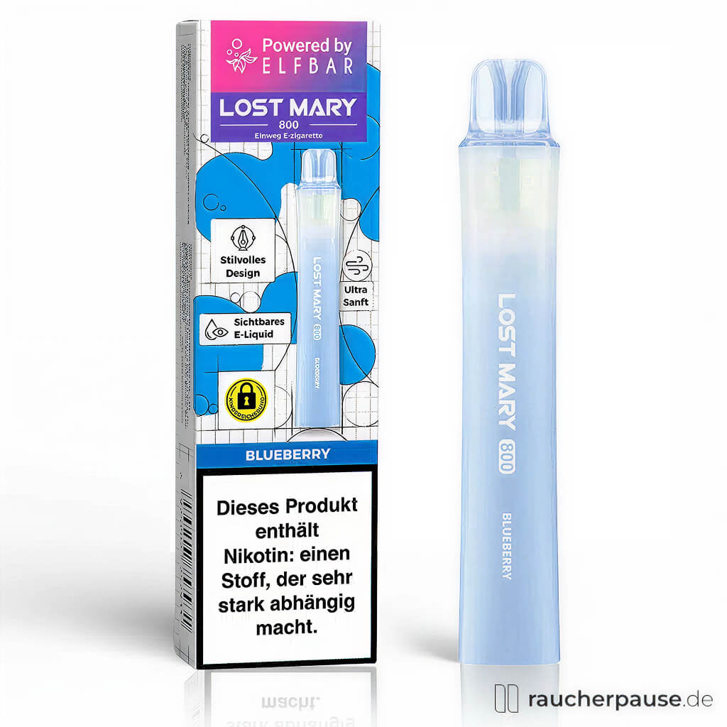 Lost Mary 800 Einweg E-Zigarette in blau-pinkem Design mit transparentem Deckel, lichtblauem Gehäuse und 20 mg/ml Nikotin in Blueberry-Aroma.