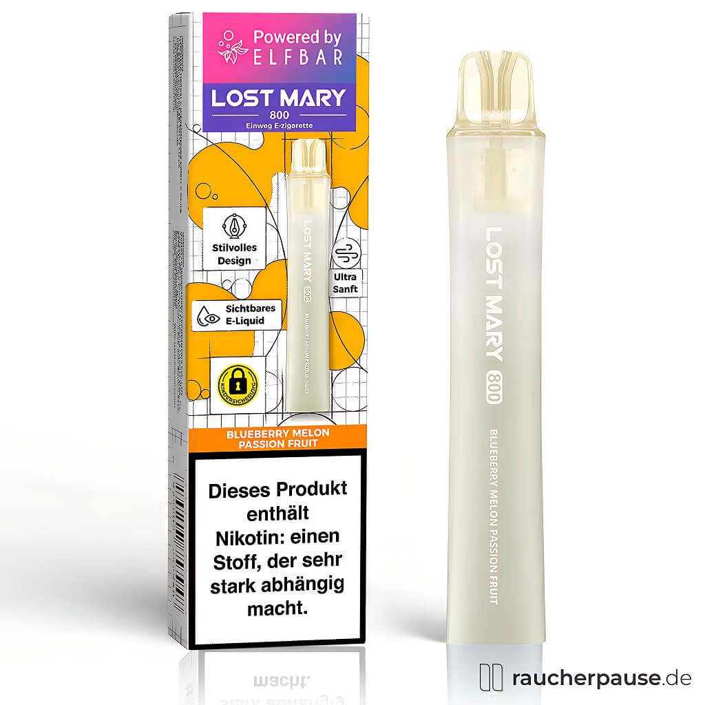 Lost Mary 800 Einweg E-Zigarette von Elfbar in farbenfrohem Orange-Gelb-Design mit modernem Logo, Blueberry Melon Passionfruit, 20 mg/ml Nikotinsalz.