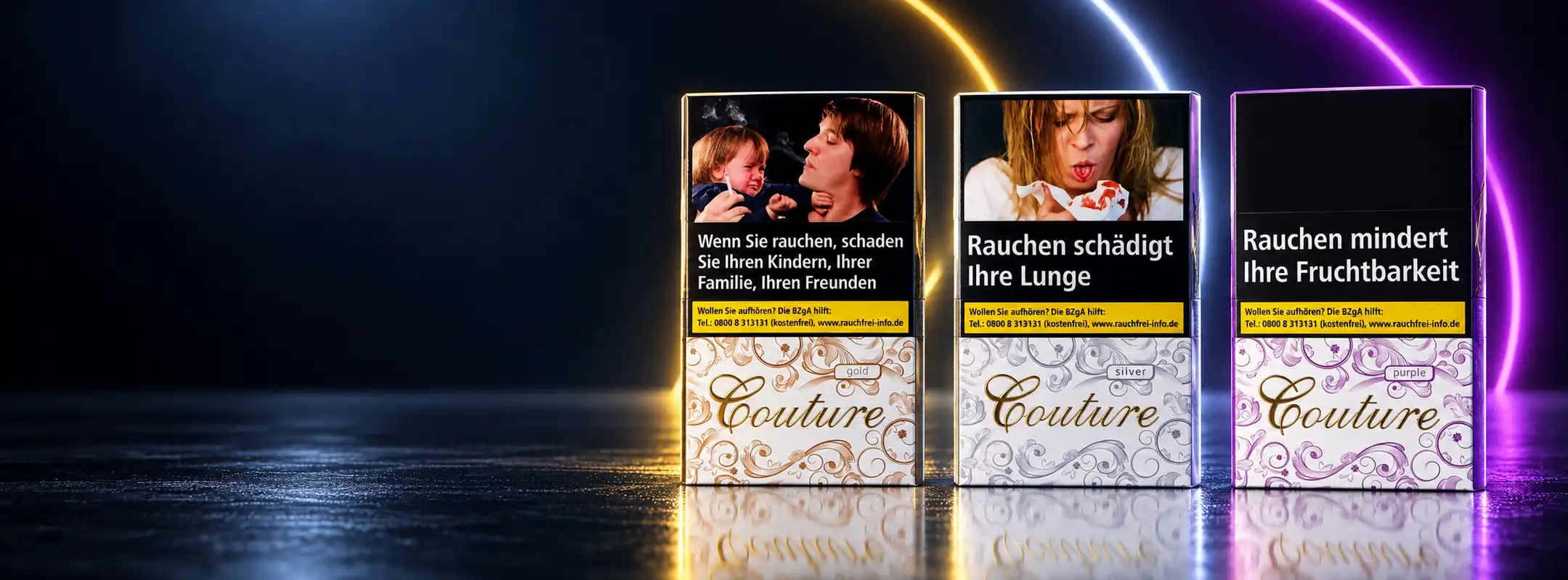 Couture Gold, Silver und Purple Slim Zigaretten vor einem Neon-Hintergrund