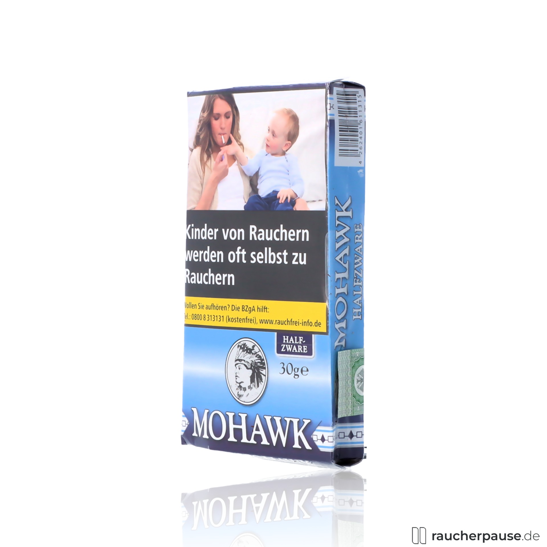 mohawk blue halfzware tabak 30g pouch mittelkraeftig ohne zusaetze , packshot vorderseite