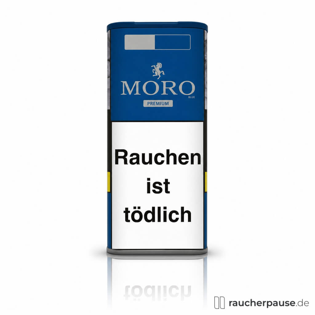 Moro Blue Premium Volumentabak in stilvoller blauer Dose mit silbernem und schwarzem Logo und stilisiertem Pferd.