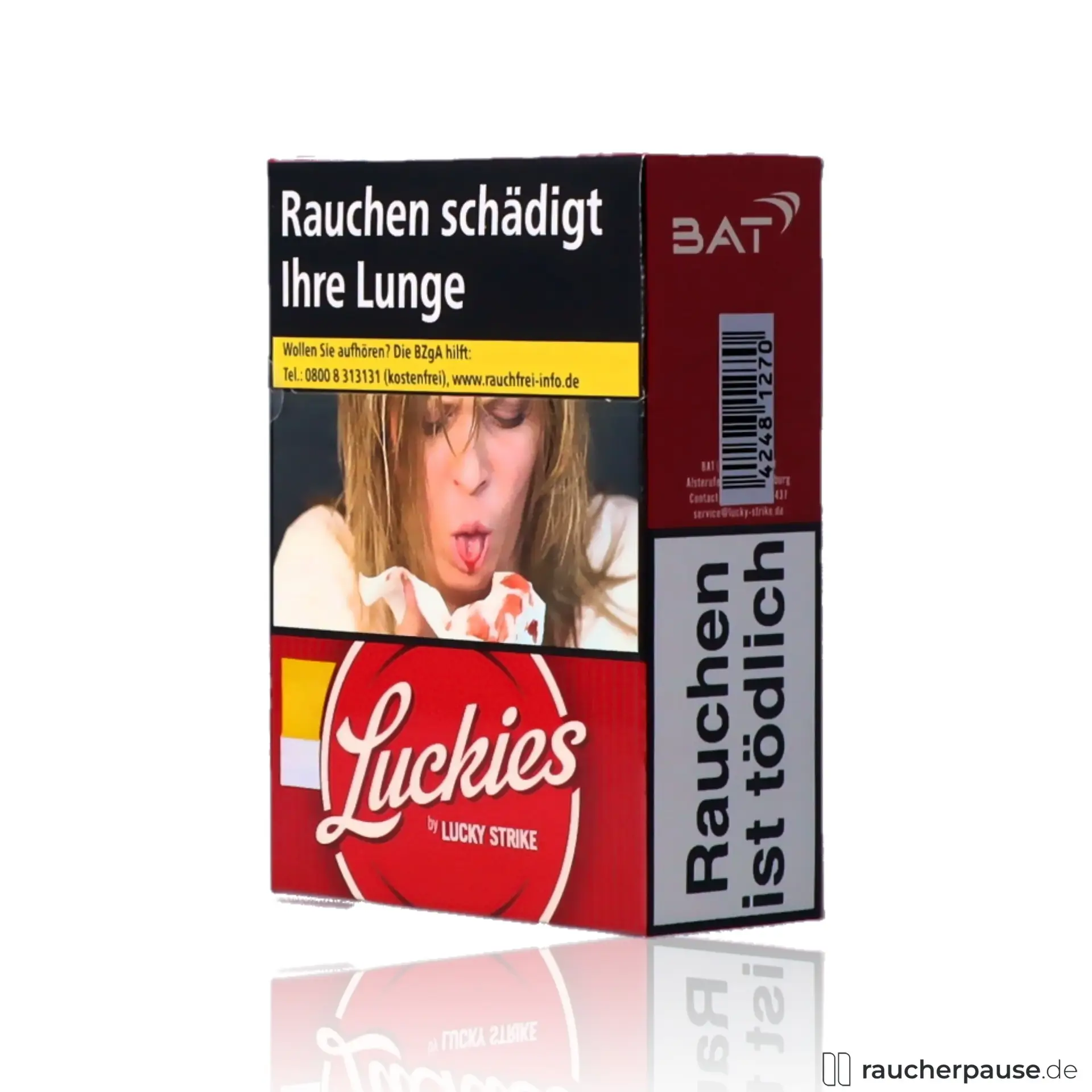 Die Luckies Crafted 1871 Red Giga Zigaretten, 26 Stk. pro Packung, American Blend, in einer roten und schwarzen Dose mit stilisiertem Logo 'Luckies by Lucky Strike' auf rotem Hintergrund.