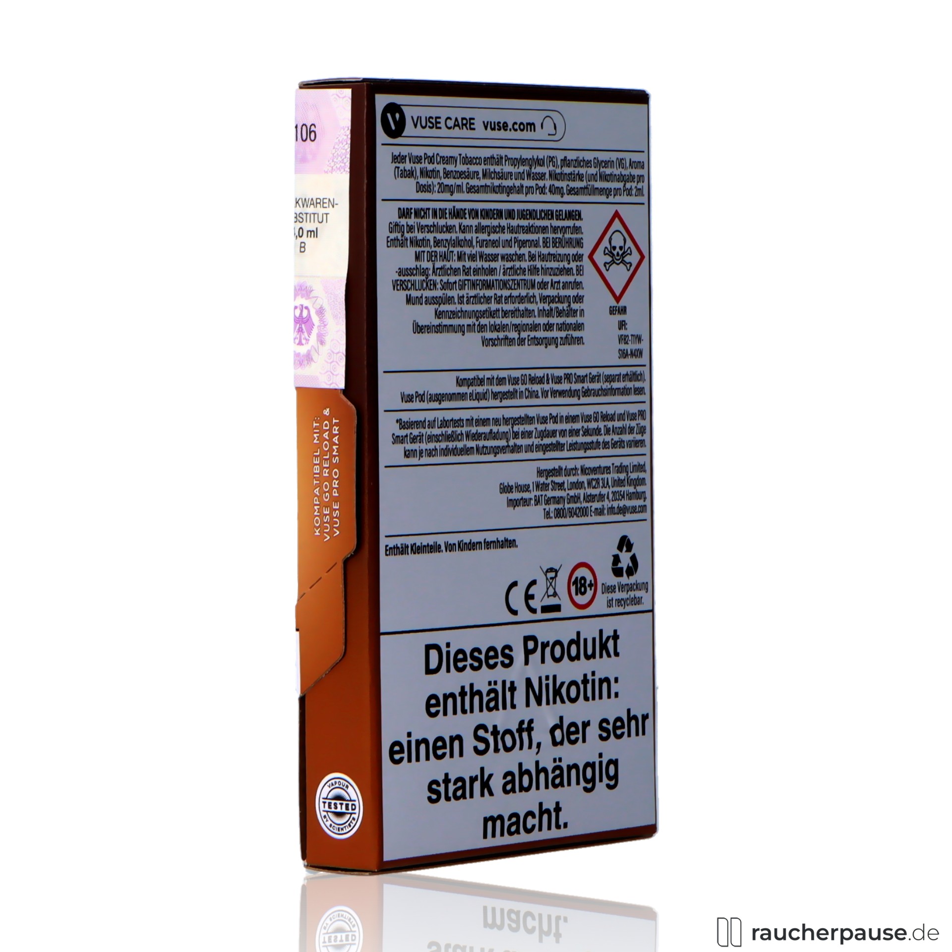 vuse, vuse pods creamy tobacco ml nikotin pods cremiger tabakgeschmack , packshot hinterseite