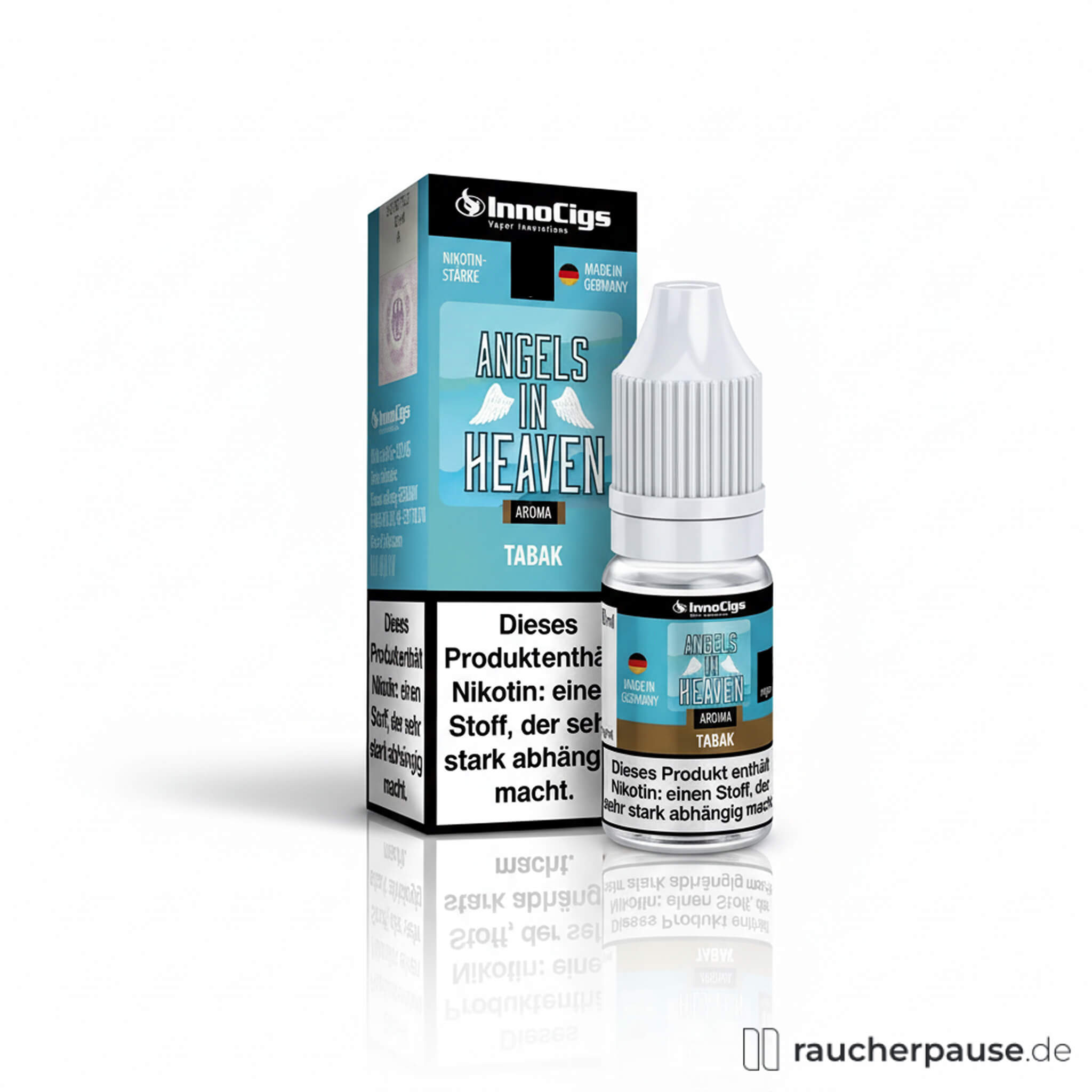InnoCigs Angels in Heaven E-Liquid Tabakgeschmack in blauer quadratischer Dose mit schwarzem Logo auf blauem Hintergrund, 10ml, 3mg Nikotin.