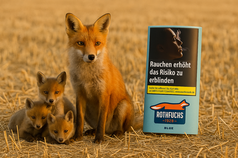 Rothfuchs Tabak mit Fuchs und Jungen daneben auf einem Feld
