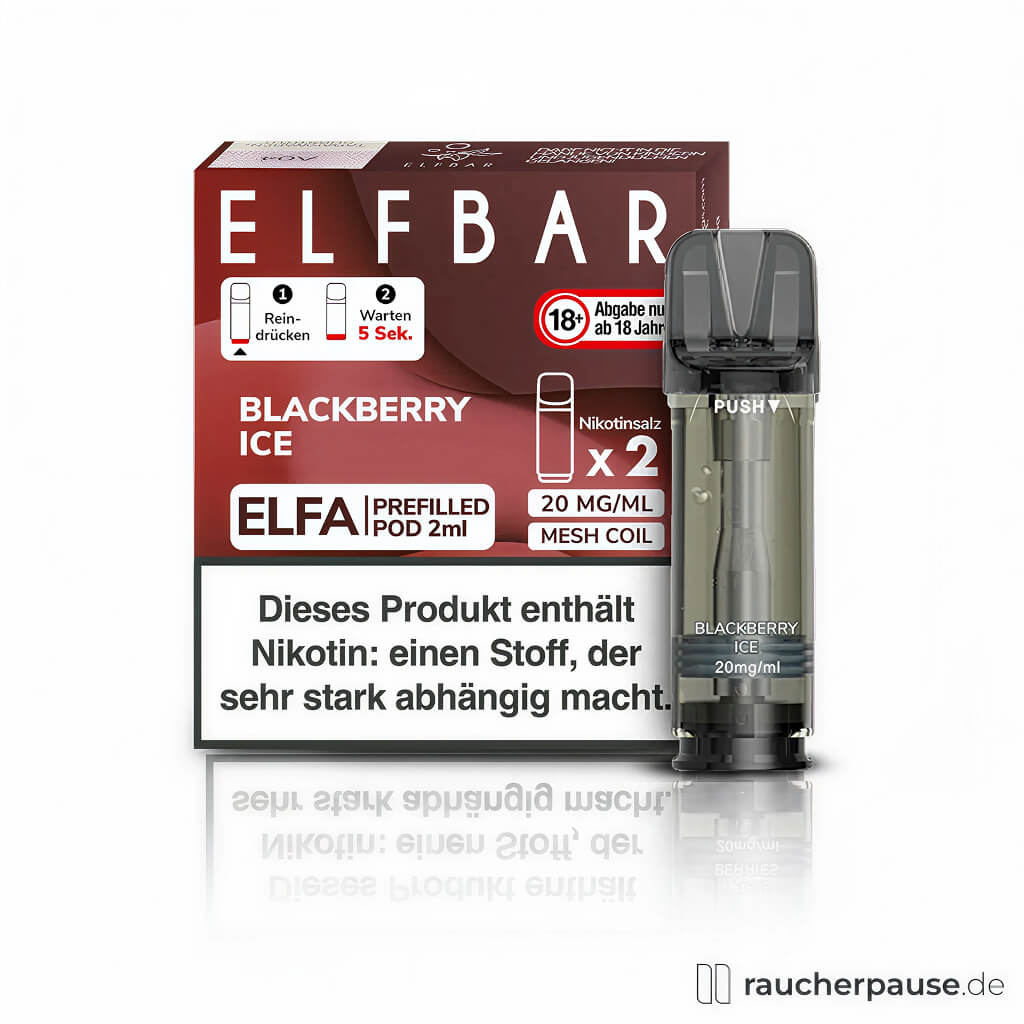 Elf Bar Elfa Prefilled Pods Blackberry Ice 20mg/ml Nikotin 2x2ml in quadratischer brauner Box mit weißem ELF BAR Logo.