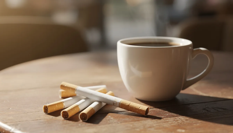 Eine Kaffee Tasse auf einem Holztisch mit Magnum Zigaretten daneben