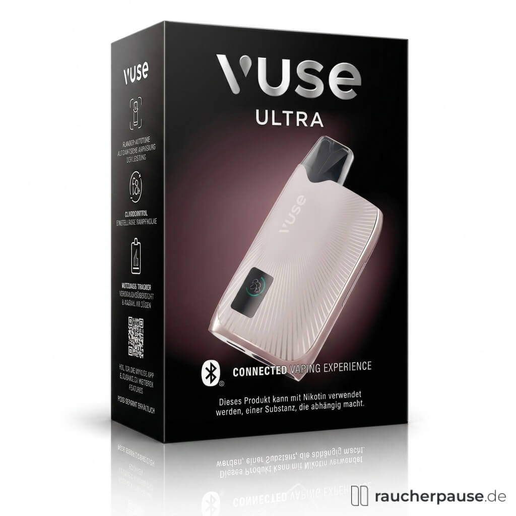 Vuse ULTRA E-Zigarette Kit Pearl Rosé in schwarzer Box mit silbernem Logo und AMOLED-Display auf der Vorderseite.