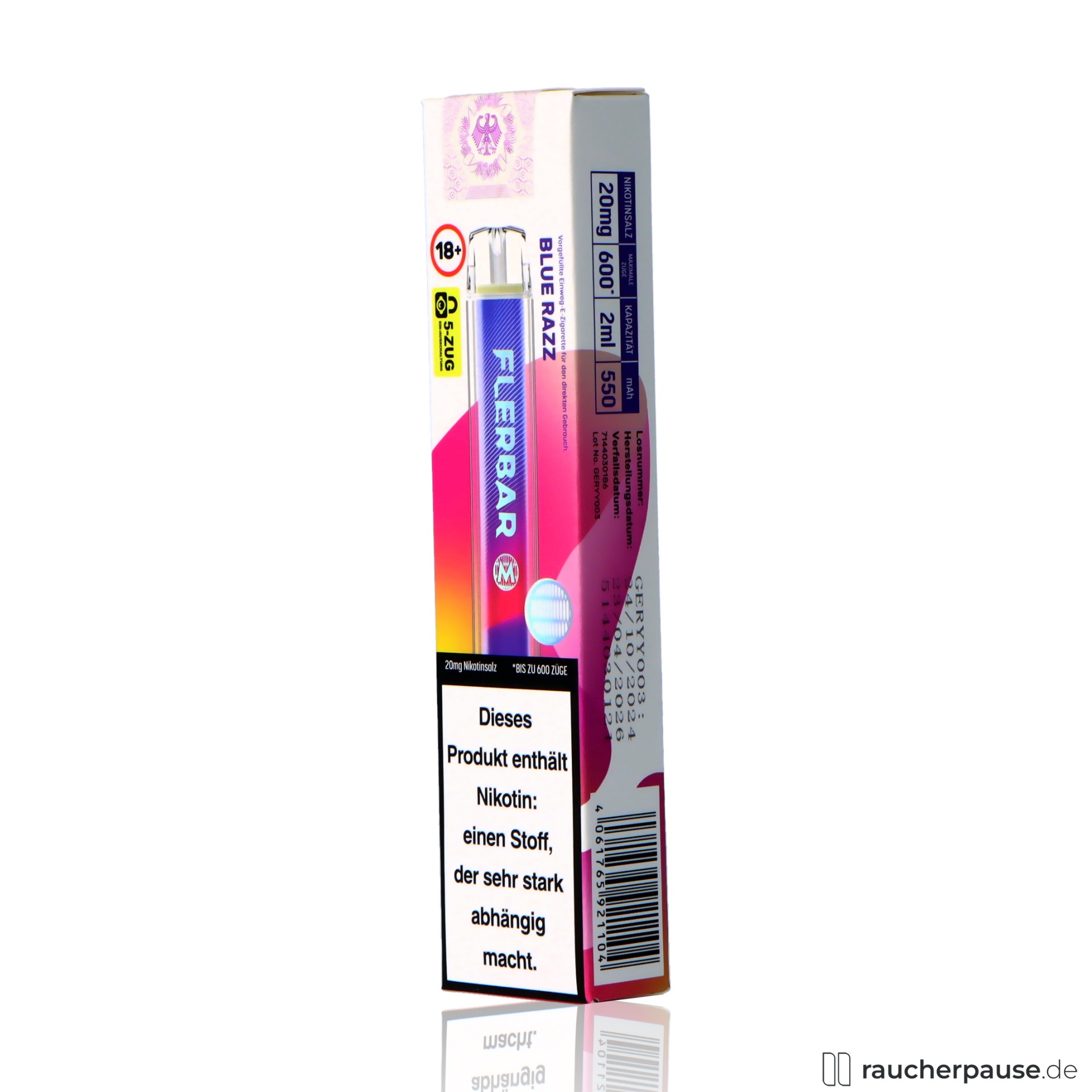 flerbar, flerbar einweg vape blue razz zuege ml nikotin blaue himbeere, packshot hinterseite