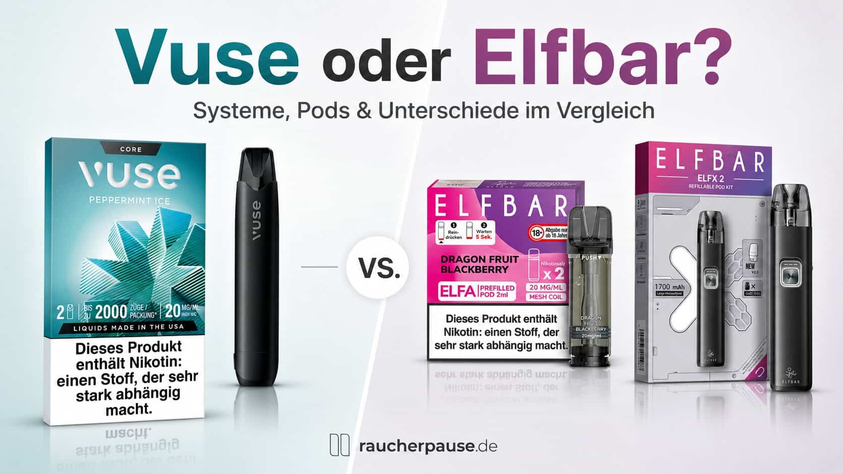 Vuse oder Elfbar im Vergleich mit Vuse Pro One, Vuse Pods, Elfbar ELFA Pods und ELFX 2