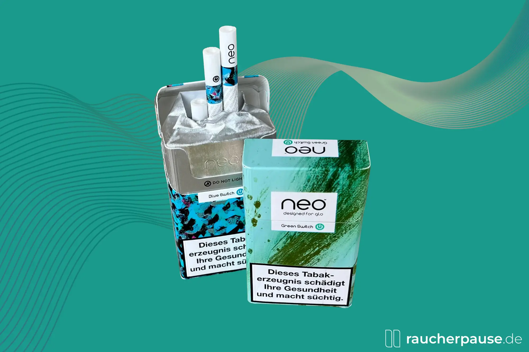 Packung mit Neo Tabaksticks für Glo, mit sichtbaren Sticks in blauer und grüner Verpackung, betont die geschmacklichen Optionen und die gesundheitlichen Warnhinweise.