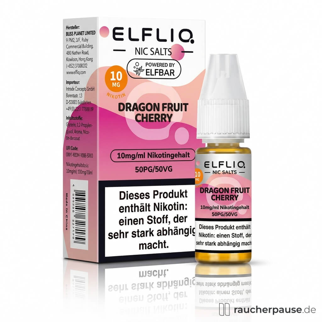 Elfliq by Elfbar Dragon Fruit Cherry Nikotinsalz Liquid in 10ml Dose mit pink-weißem Design und minimalistischem Logo mit stilisiertem 'Q' und schwarzem Text.