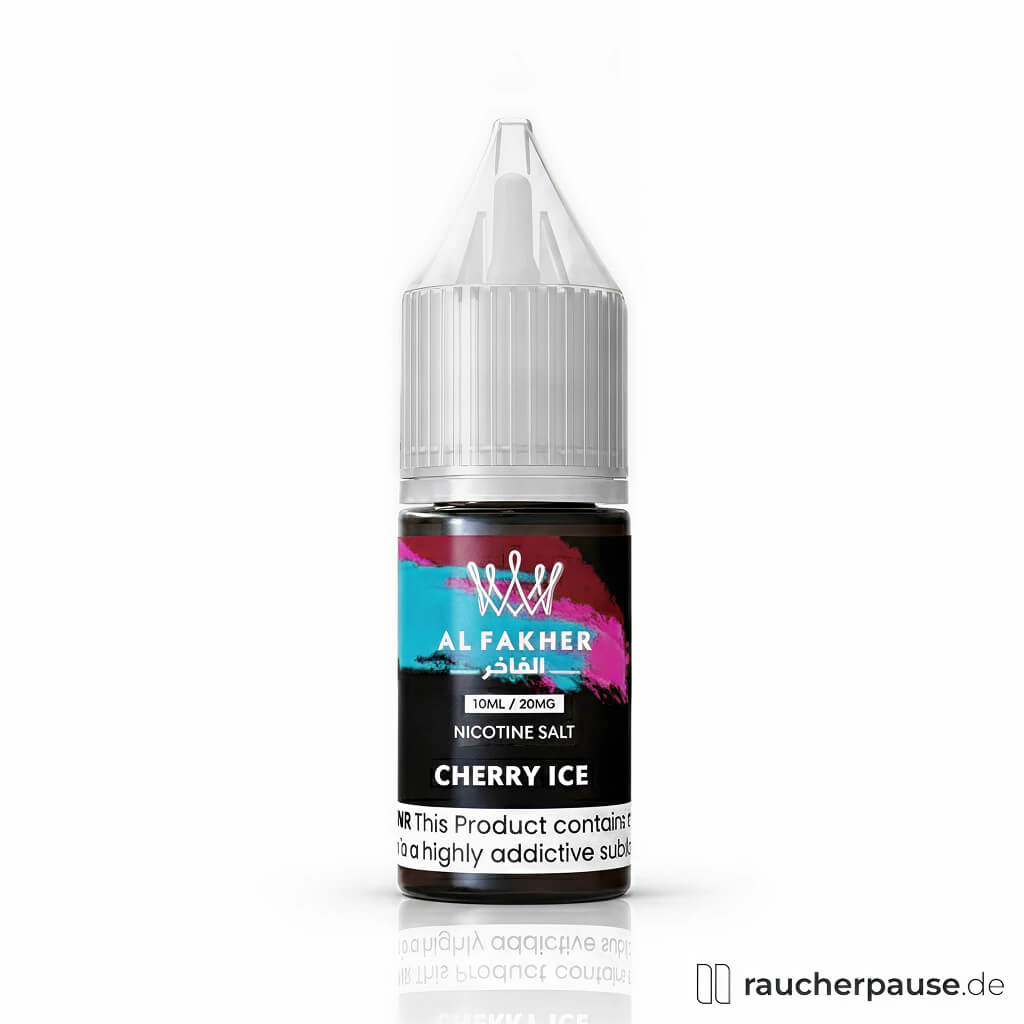 Al Fakher Liquid Cherry Ice, 20 mg/ml Nikotinsalz, 10 ml in schwarzer, glänzender Flasche mit transparentem Deckel und silbernem 'W'-Logo auf blau-pinkem Hintergrund.