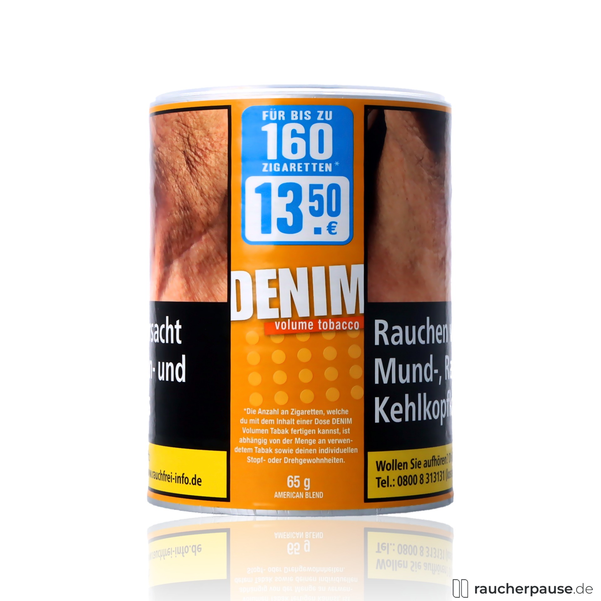 denim volumentabak 65g dose american blend vollmundig wuerzig , packshot hinterseite