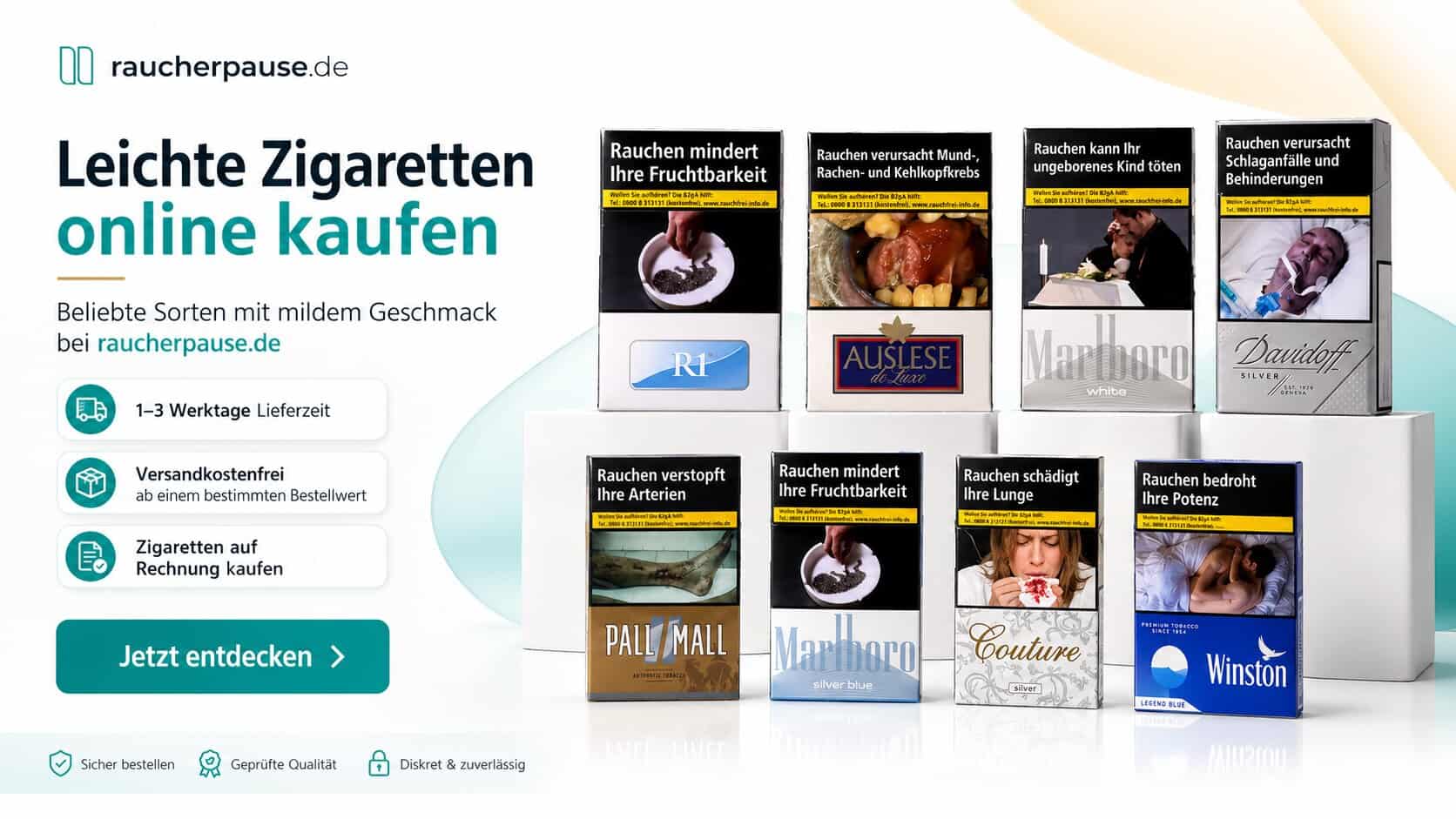Leichte Zigaretten online kaufen mit milden Sorten von R1, Auslese, Pall Mall, Marlboro, Couture und Winston