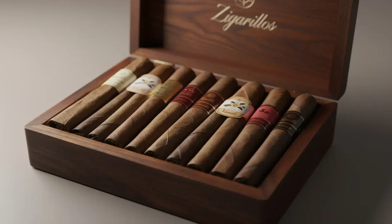 In einer eleganten Holzbox sind verschiedene aromatisierte Zigarillos, darunter auch Zigarillos mit Vanille, kunstvoll arrangiert.