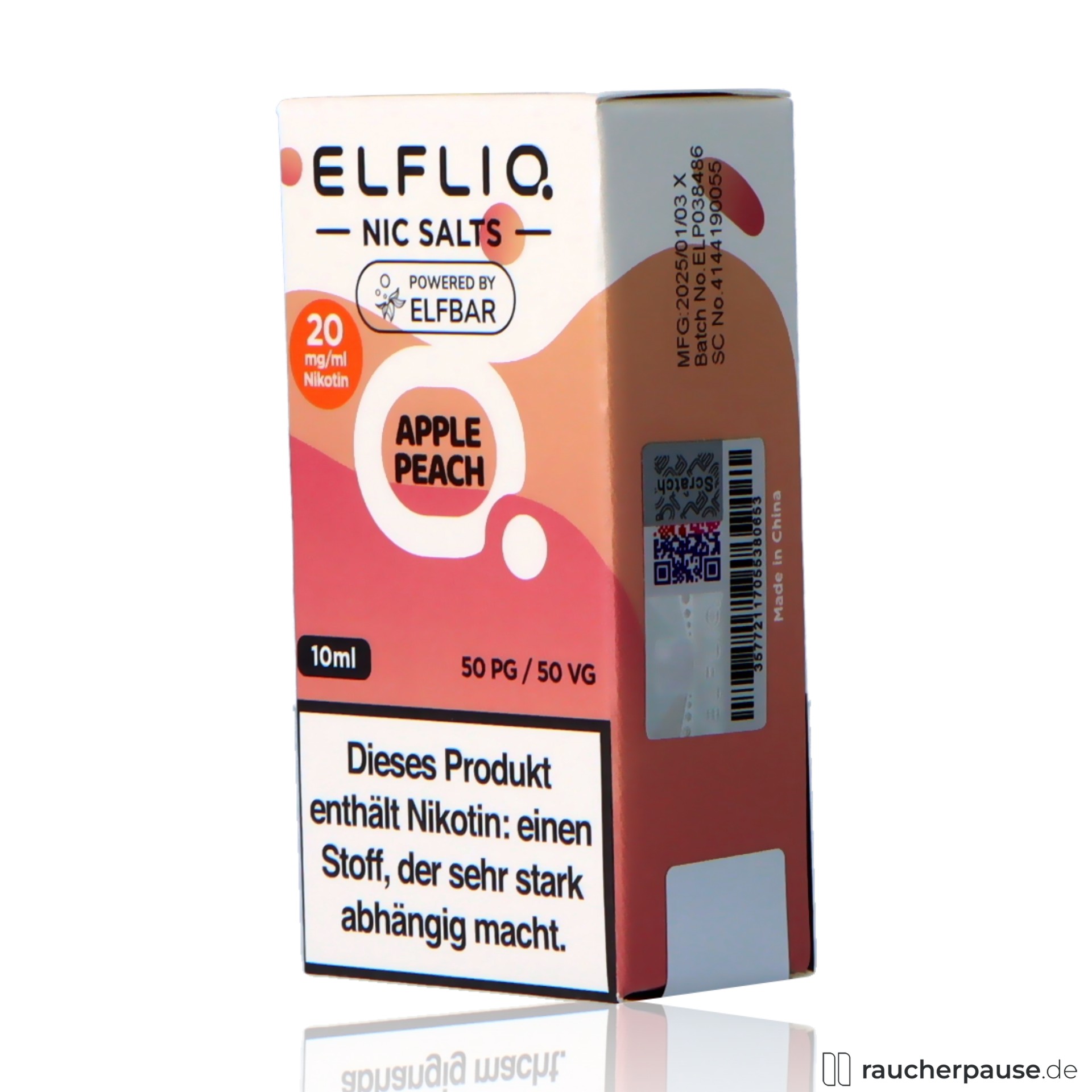 elfbar, elfliq by elf bar nikotinsalz liquid apple peach ml nikotin , packshot seitlich