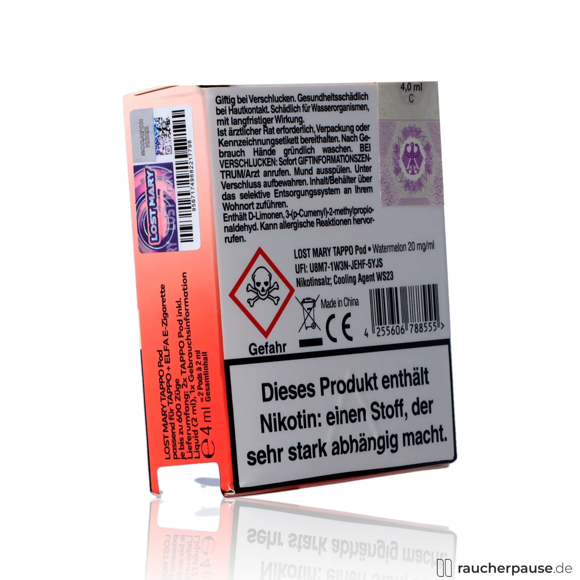 lost mary, lost mary tappo watermelon prefilled pods quaq mesh coil ohm wassermelone fruchtig nikotin , packshot seitlich