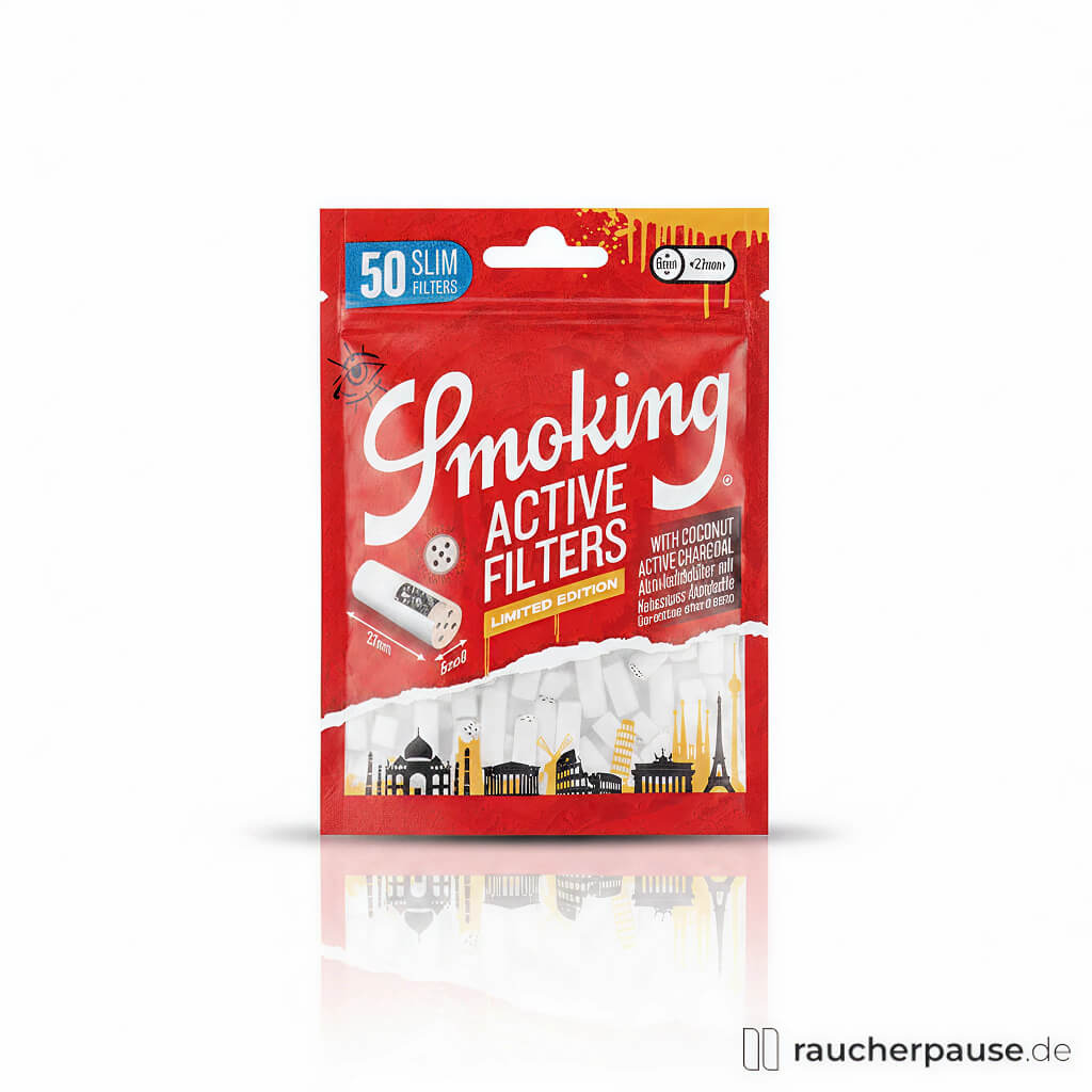 Smoking Active Slim Filters in transparenter Beutelverpackung mit rotem Hintergrund und weißem Logo auf 50er Limited Edition-Packung.